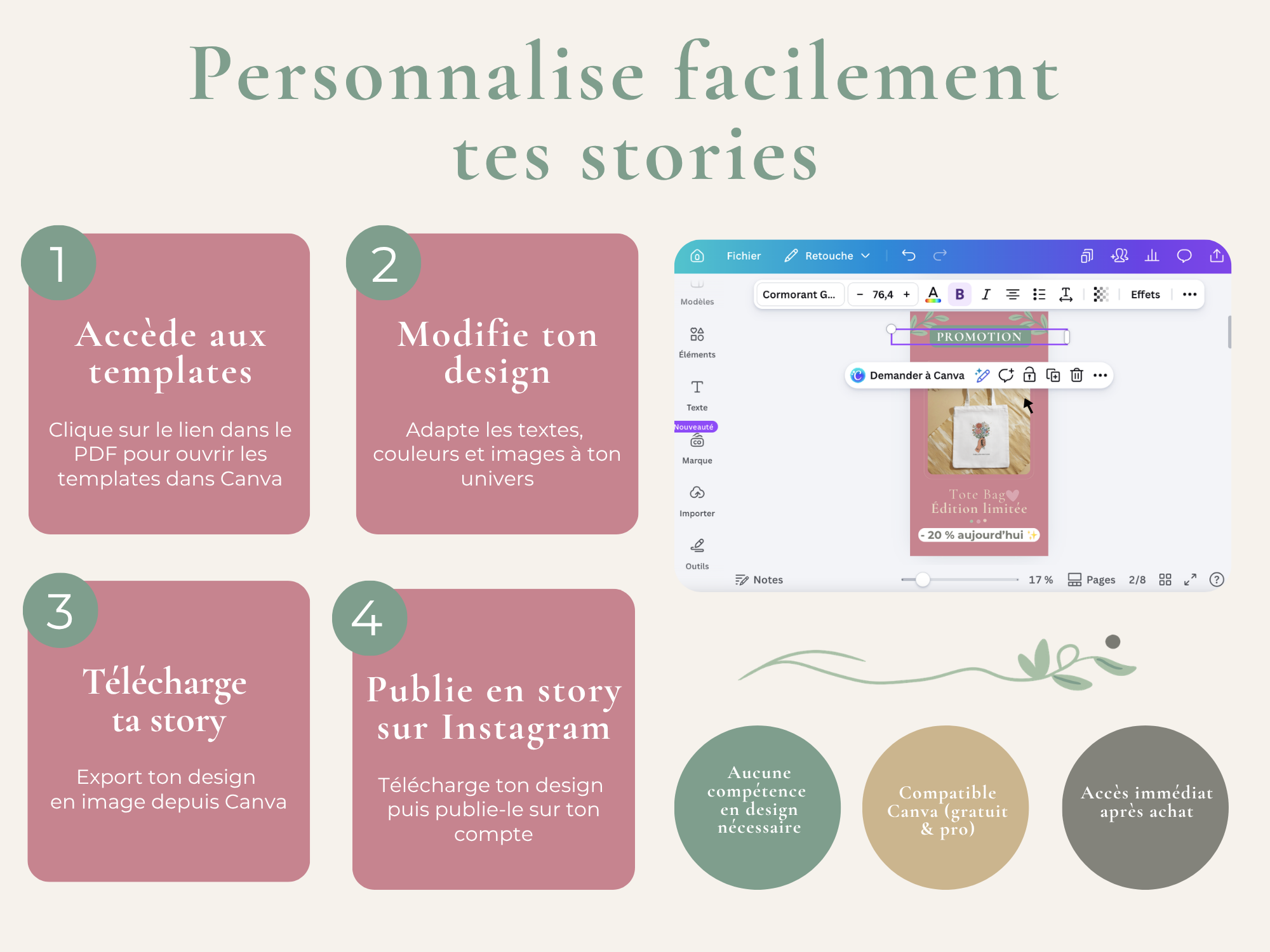 Instagram Stories Canva Templates - Kit Stories Instagram pour créatrices - 8 templates personnalisables - Canva éditable