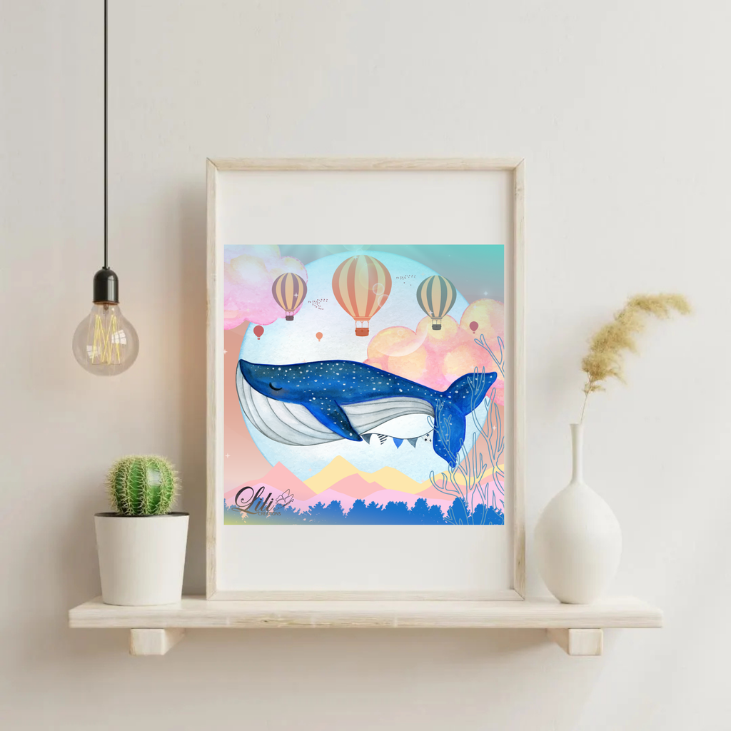 Affiche La Baleine rêveuse - Illustration enfantine féerique (20x20 cm)
