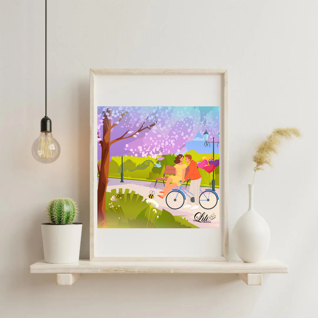 Affiche Baiser sous les cerisiers - Illustration romantique de printemps (20x20 cm)