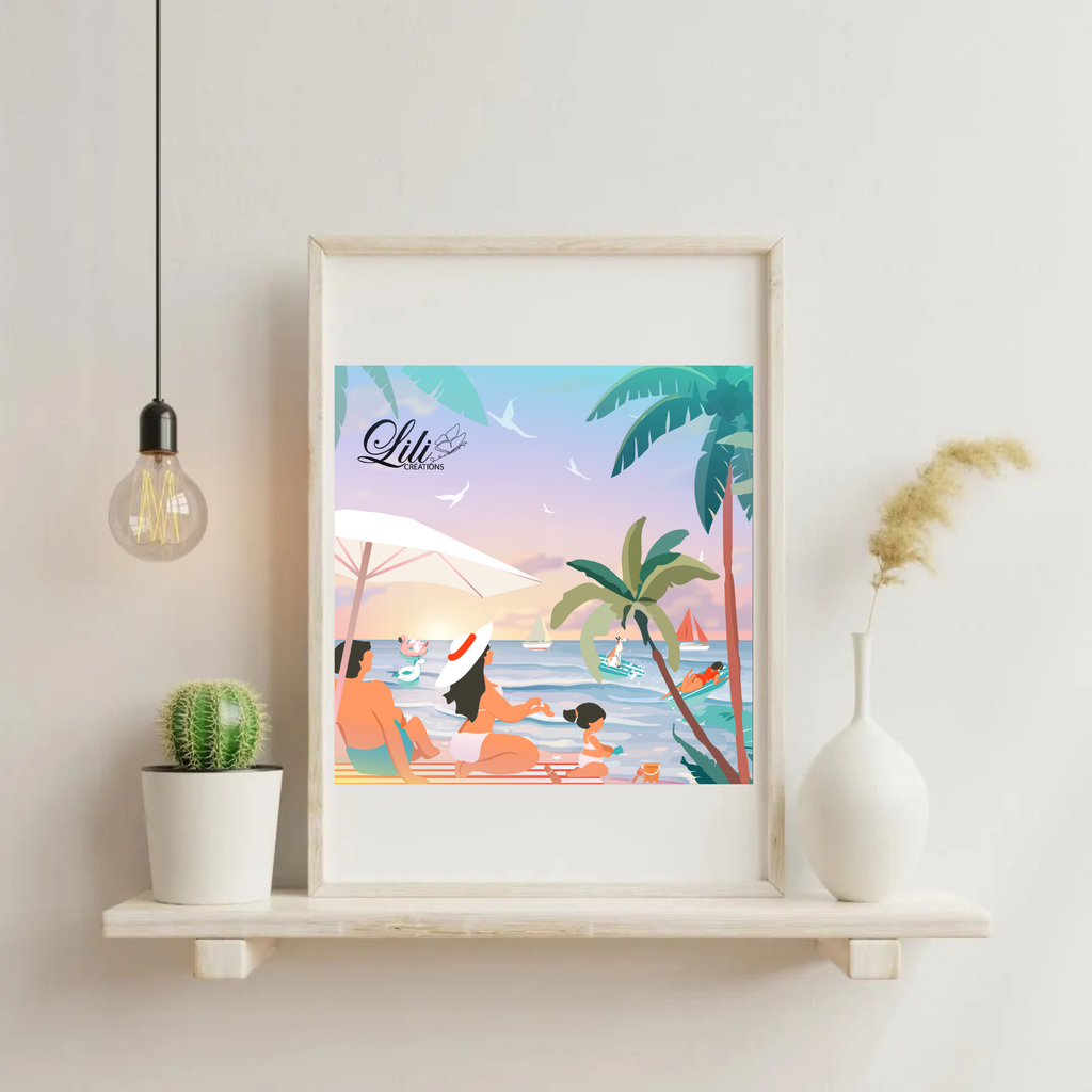 Affiche Un été en famille - Illustration estivale bord de mer (20x20 cm)