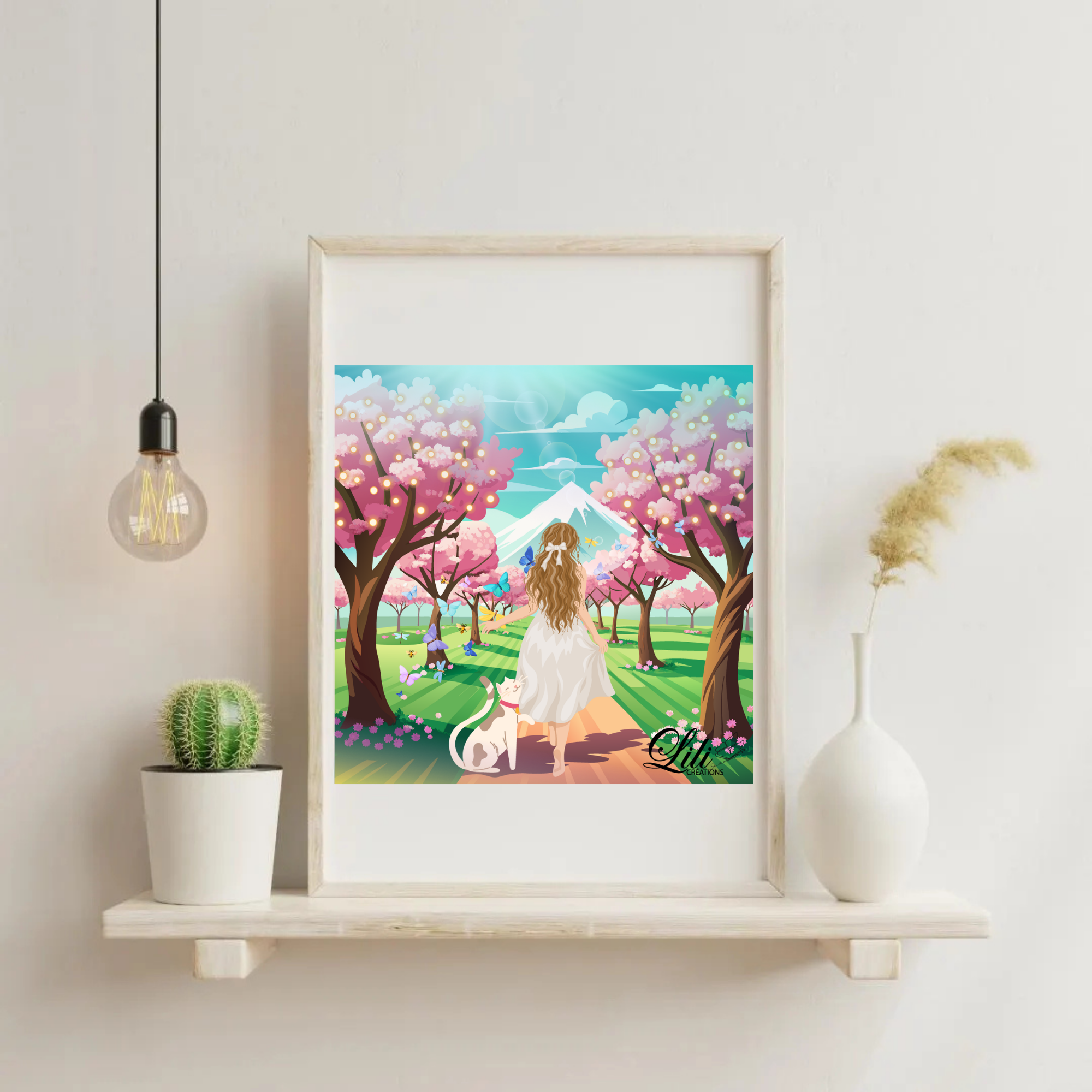 Affiche Balade sous les cerisiers - Illustration printanière poétique (20x20 cm)