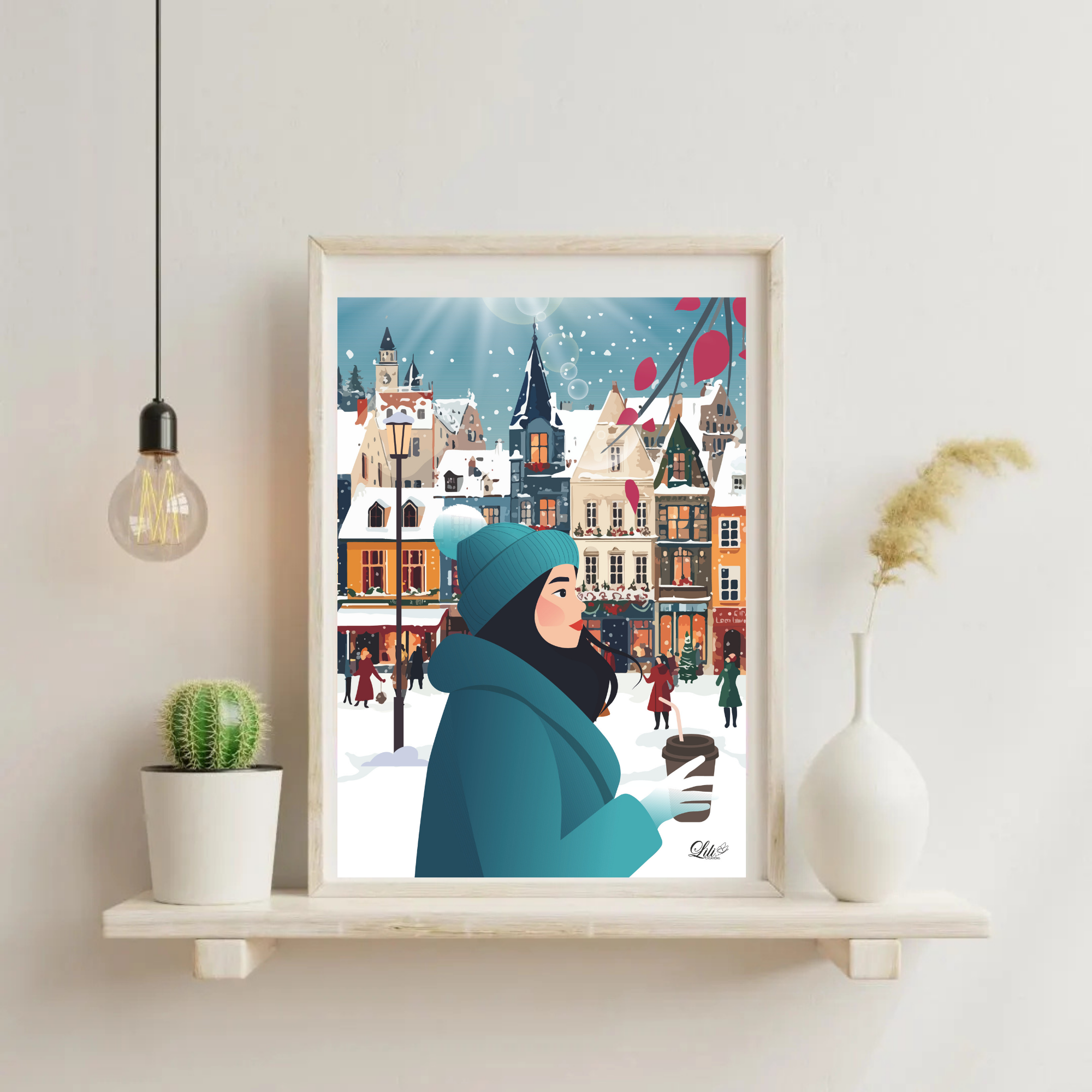 Affiche Flânerie d'hiver - Illustration hivernale urbaine - Femme et boisson chaude - Décoration cosy (A5 / A4)