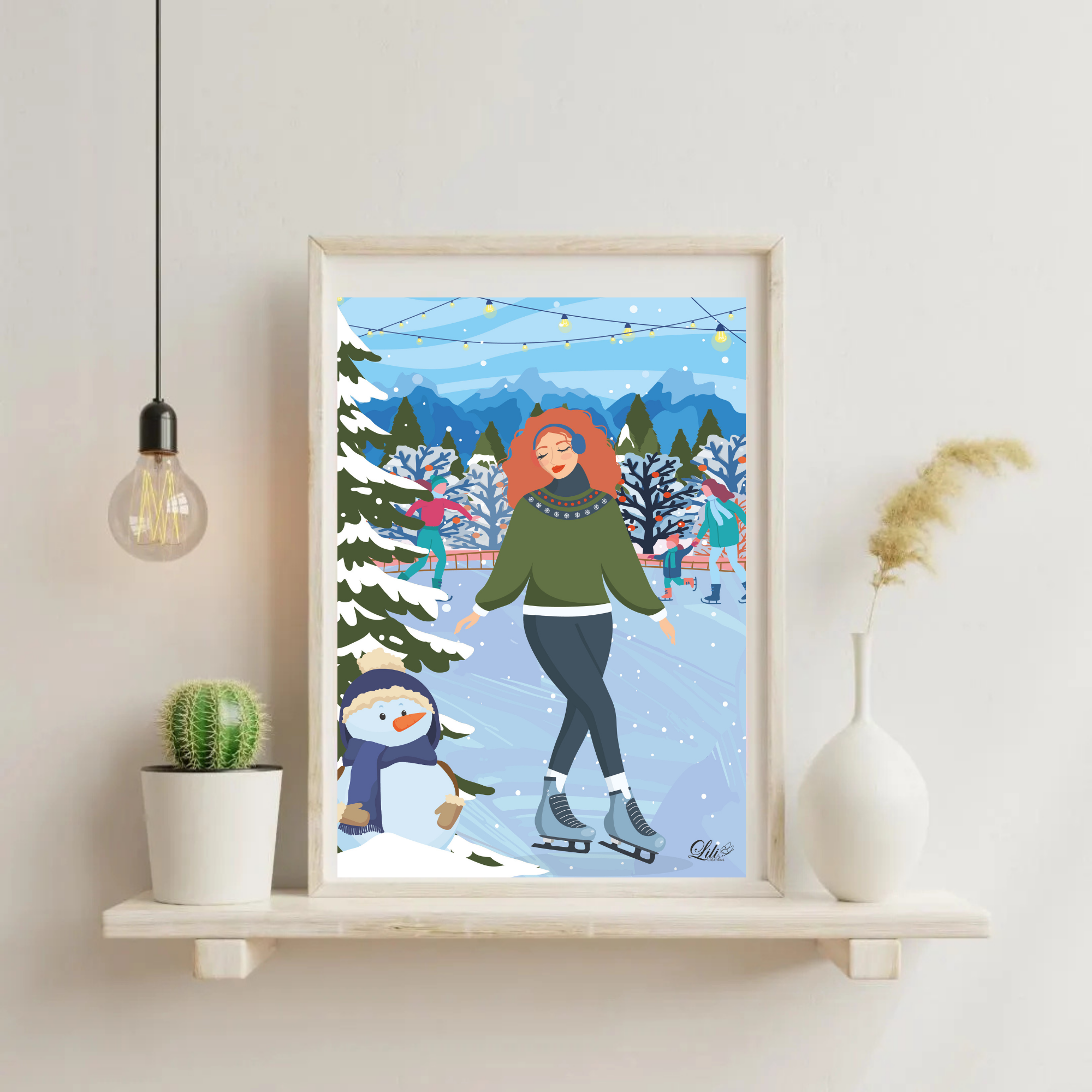 Affiche Sérénité givrée - Illustration hivernale douce - Patinage sur glace - Décoration murale hiver (A5 / A4)