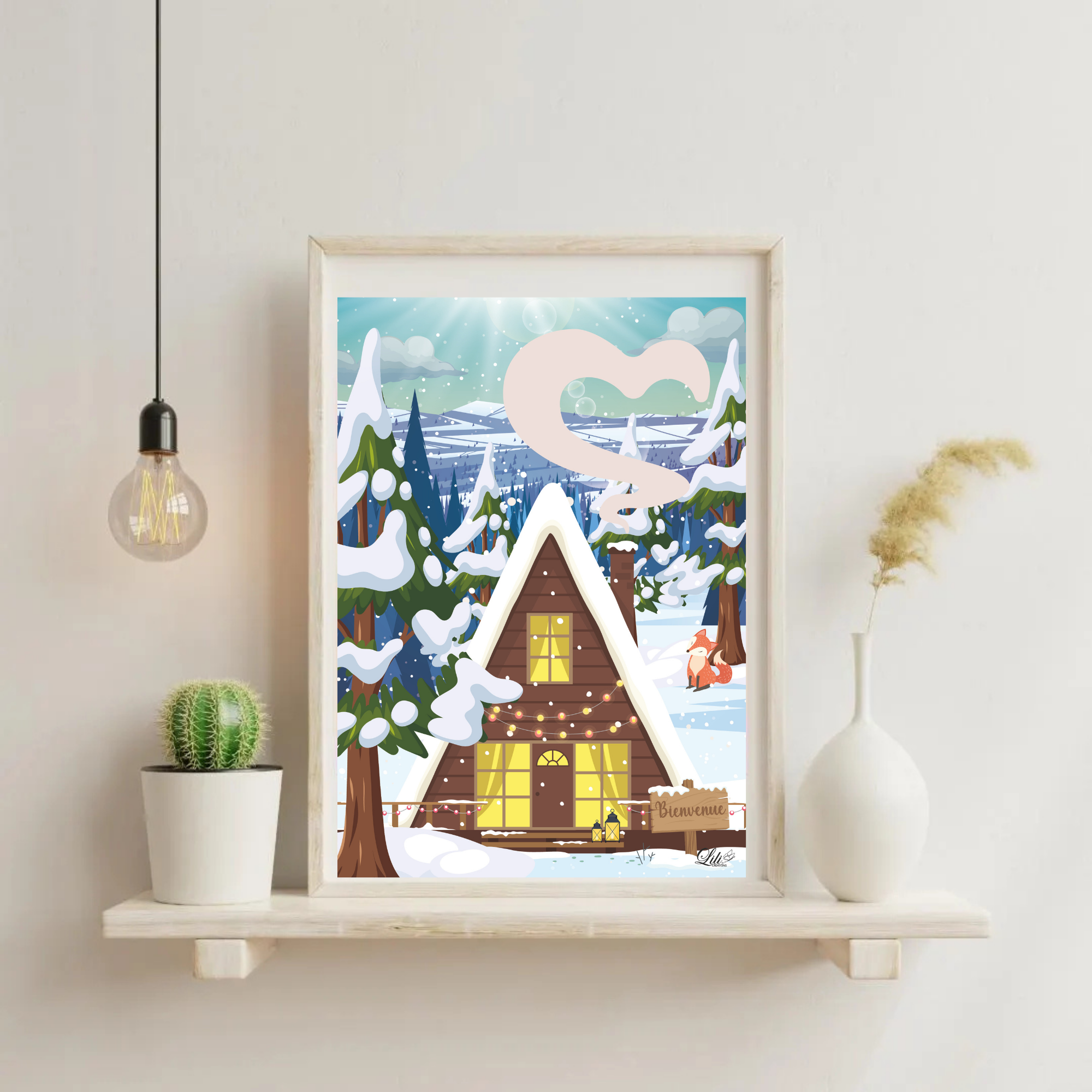 Affiche Hiver douillet - Illustration Cosy - Chalet sous la neige - Décoration murale hiver (A5 / A4)