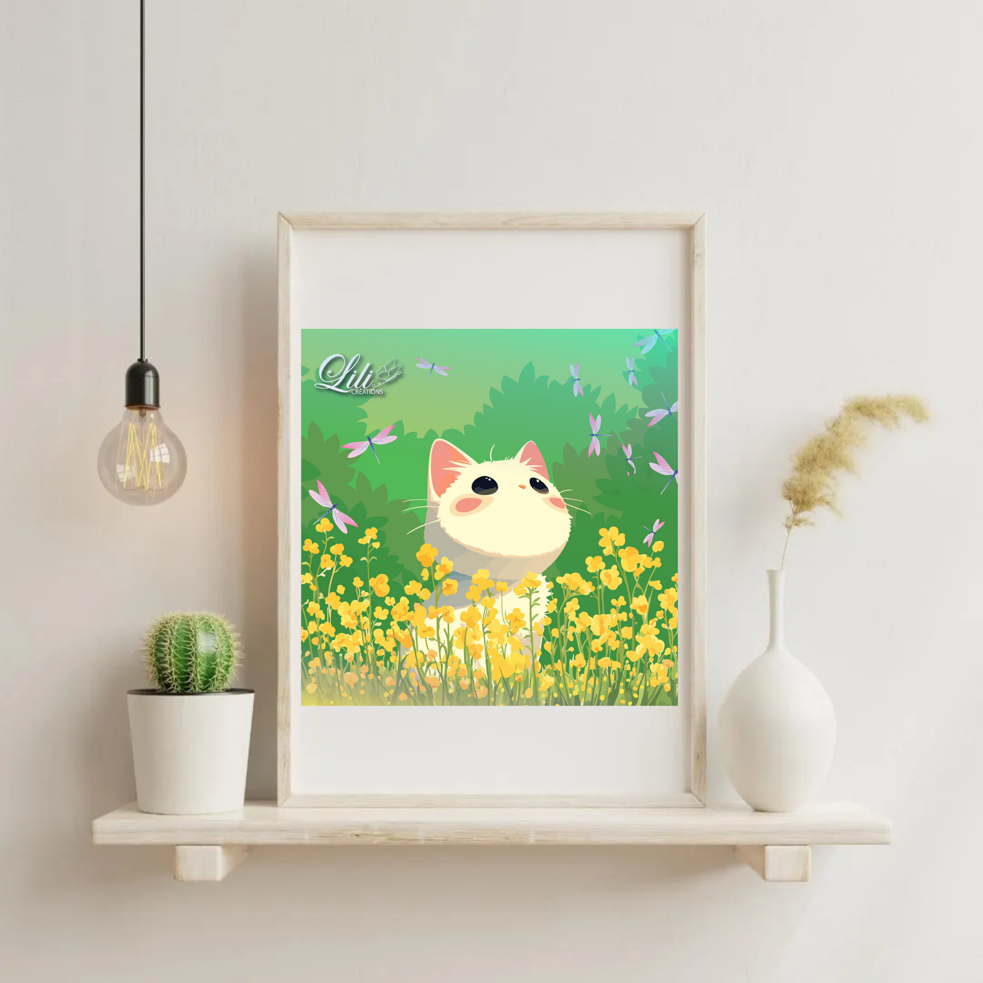 Affiche Petit chat et libellules - Illustration kawaii printanière (20x20 cm)