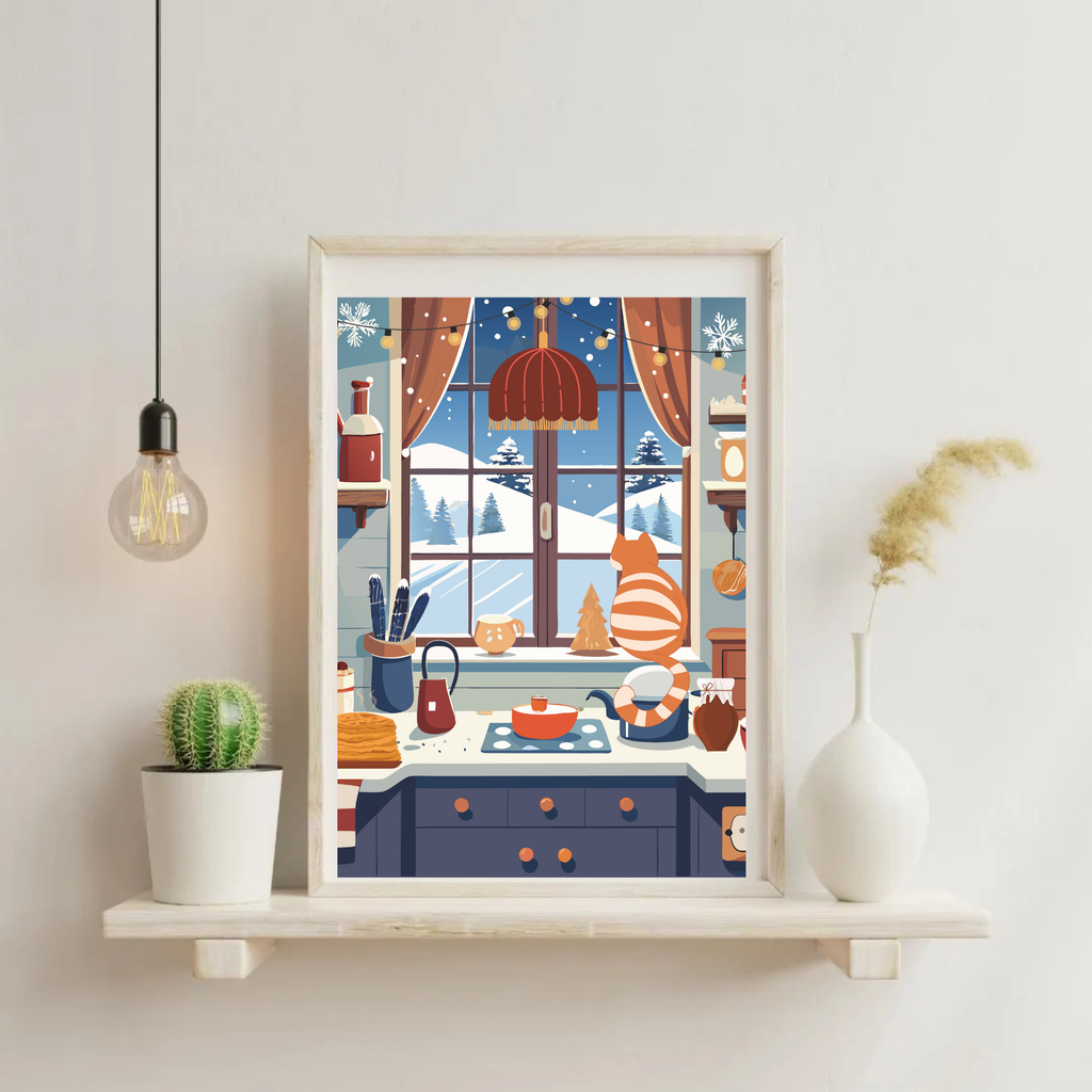 Affiche Un après-midi d'hiver - Illustration cosy avec chat et boisson chaude (A5 / A4)
