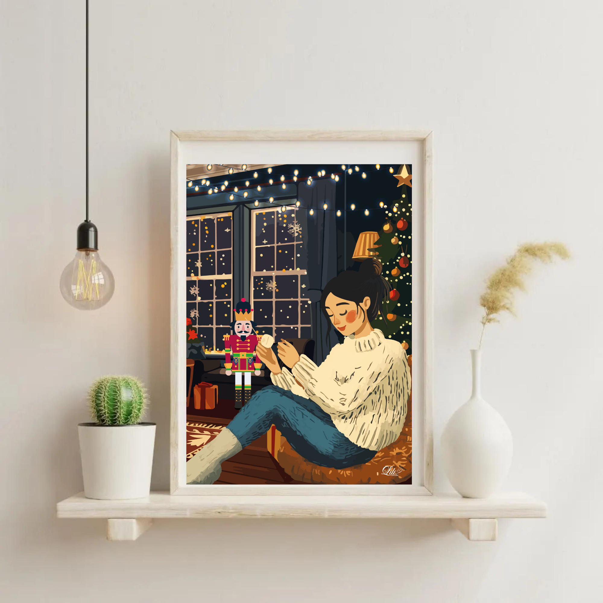 Affiche Sous les lumières de Noël - Illustration hivernale douce et lumineuse (A5 / A4)