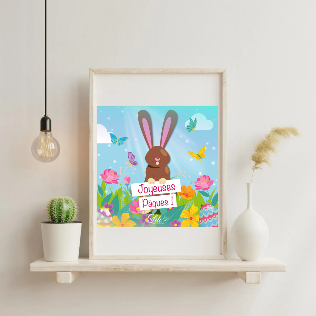Affiche Joyeuses Pâques - Illustration printanière et festive avec lapin (20x20 cm)
