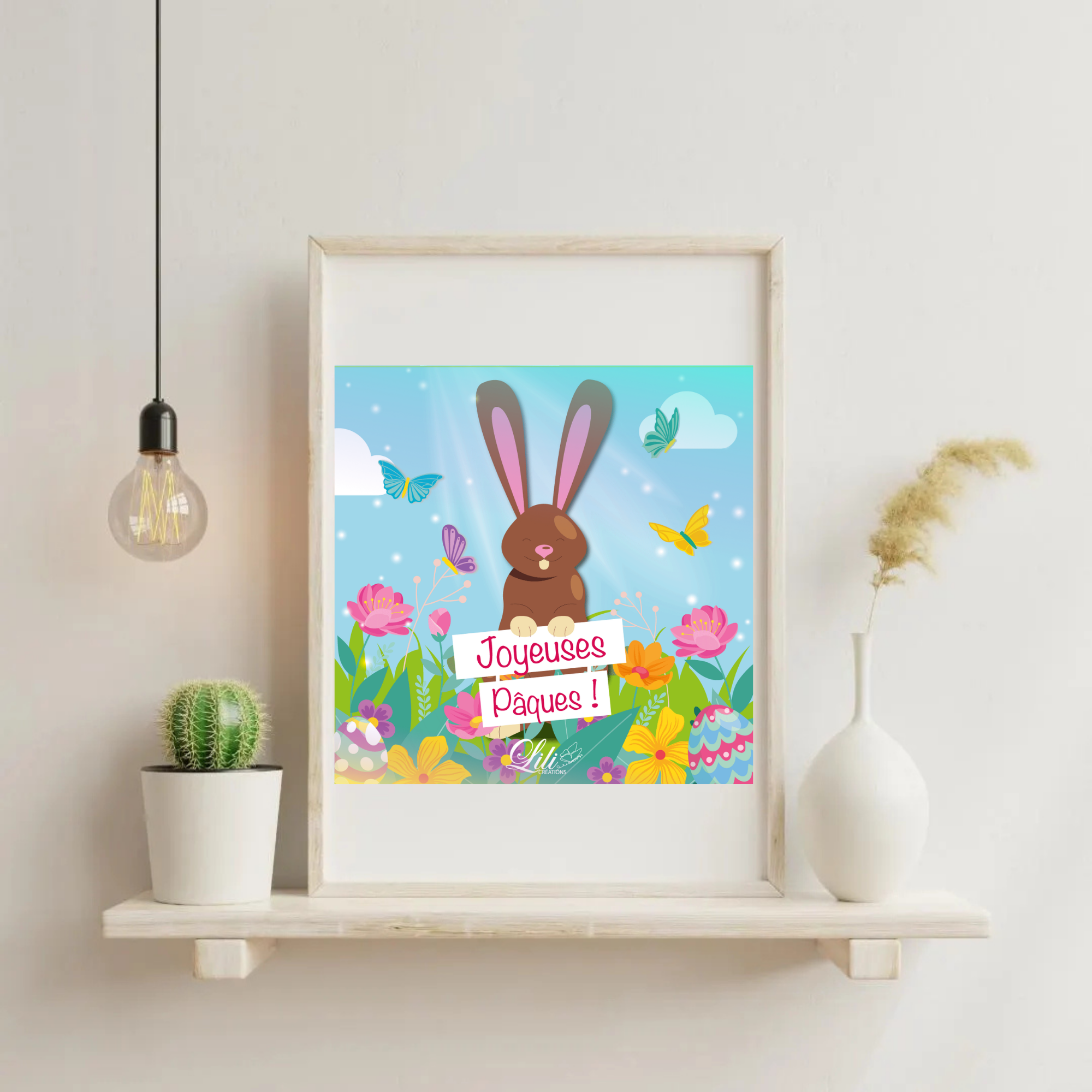 Affiche Joyeuses Pâques - Illustration printanière et festive avec lapin (20x20 cm)