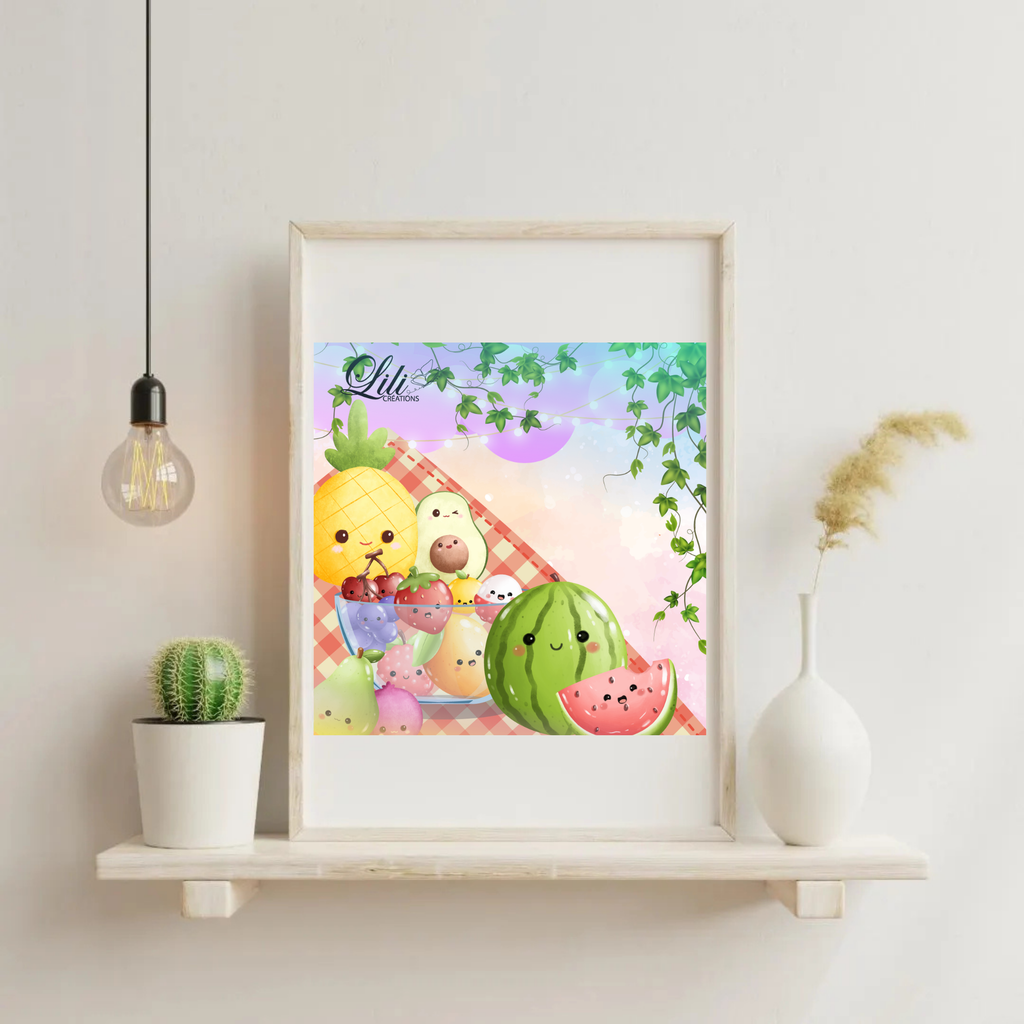 Affiche Salade de fruits kawaii - Illustration colorée et ludique (20x20 cm)
