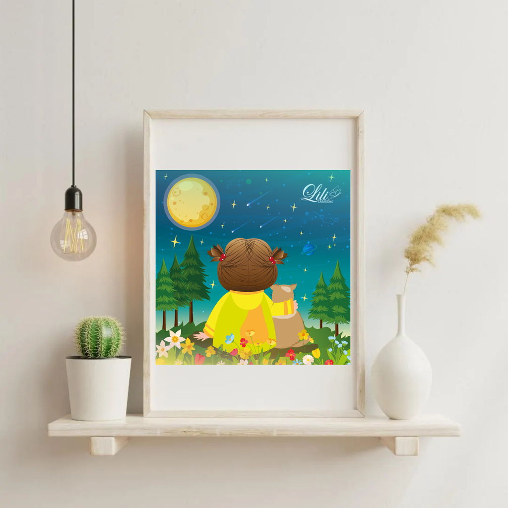 Affiche Nuit étoilée avec mon doudou - Illustration enfantine et poétique (20x20 cm)
