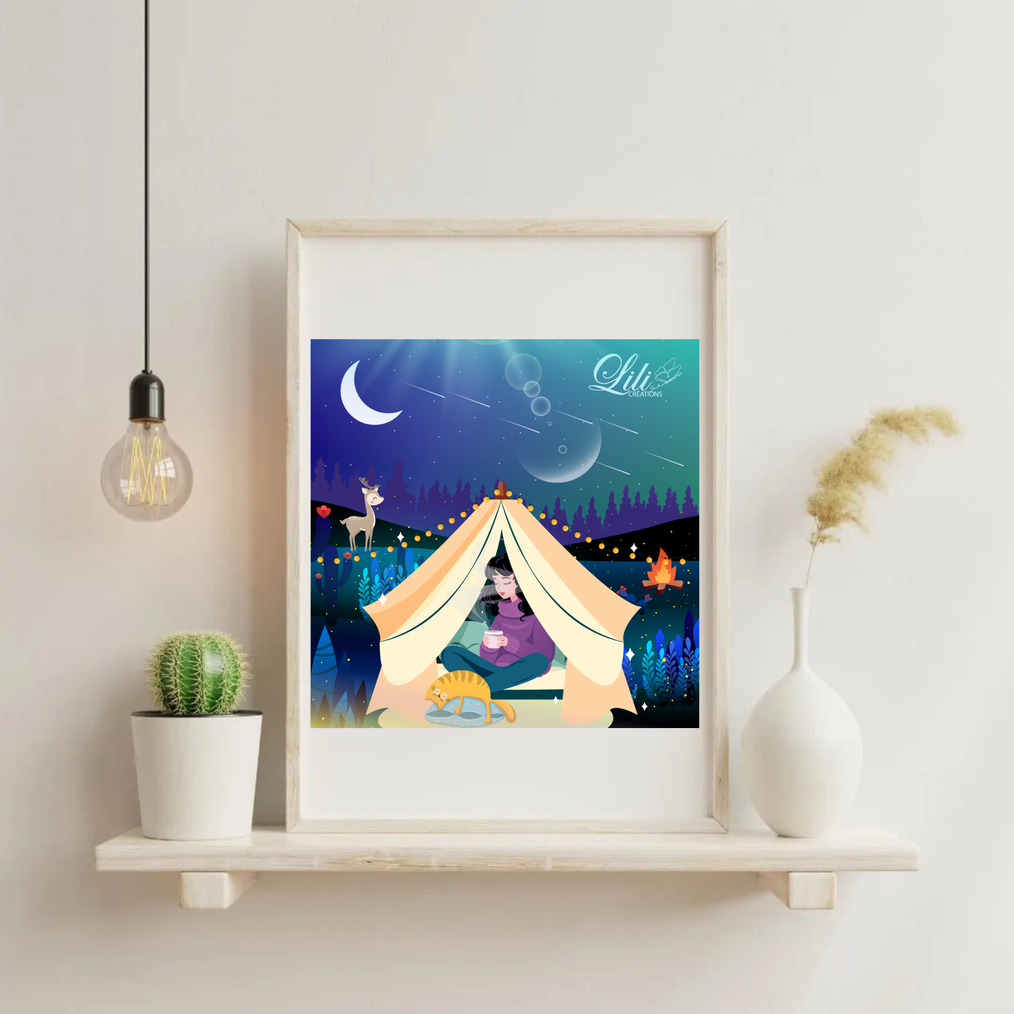 Affiche Évasion nocturne - Illustration cocooning sous les étoiles (20x20 cm)