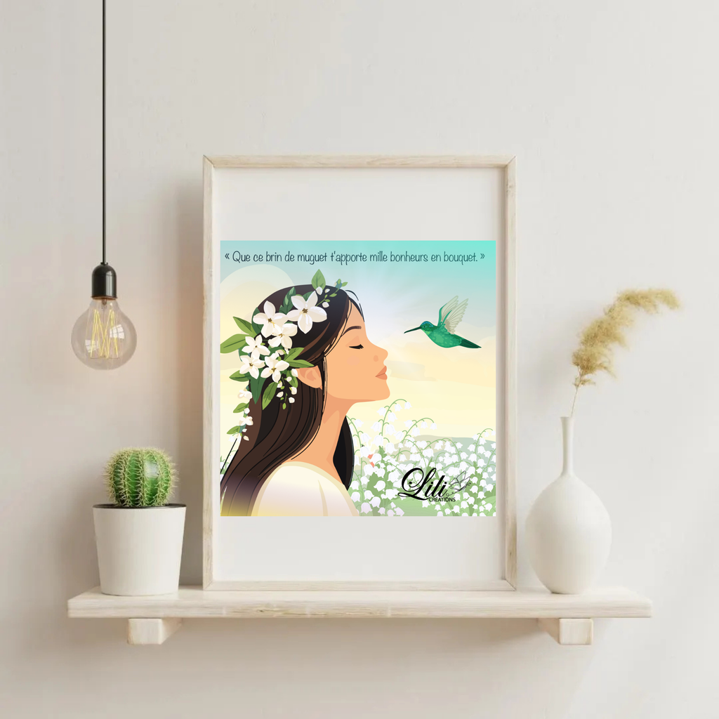 Affiche Brin de muguet - Illustration poétique du 1er mai avec colibri (20x20 cm)