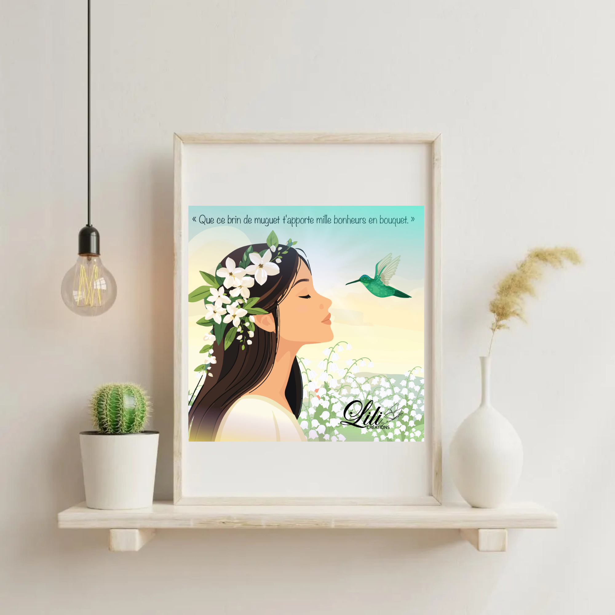 Affiche Brin de muguet - Illustration poétique du 1er mai avec colibri (20x20 cm)