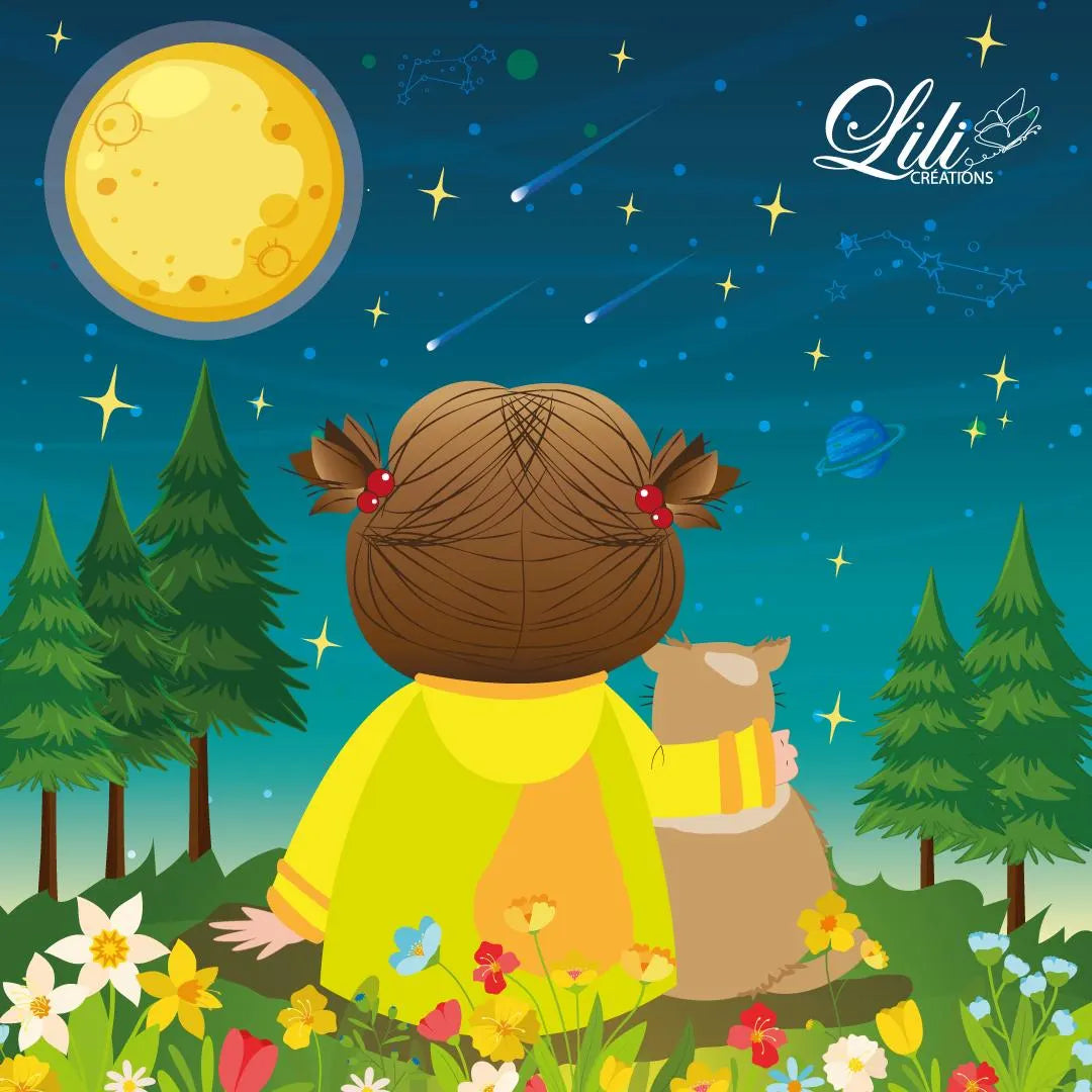 Affiche Nuit étoilée avec mon doudou - Illustration enfantine et poétique (20x20 cm)
