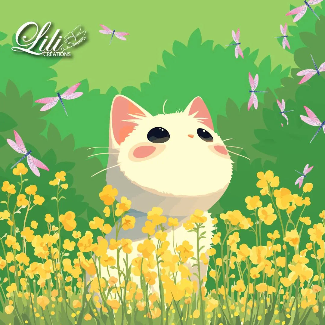 Affiche Petit chat et libellules - Illustration kawaii printanière (20x20 cm)
