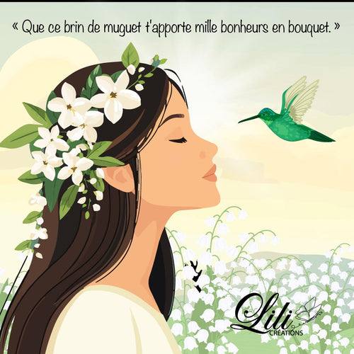 Affiche Brin de muguet - Illustration poétique du 1er mai avec colibri (20x20 cm)