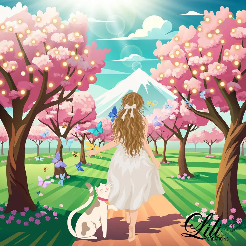 Affiche Balade sous les cerisiers - Illustration printanière poétique (20x20 cm)