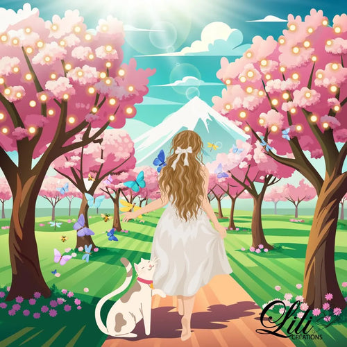 Affiche Balade sous les cerisiers - Illustration printanière poétique (20x20 cm)