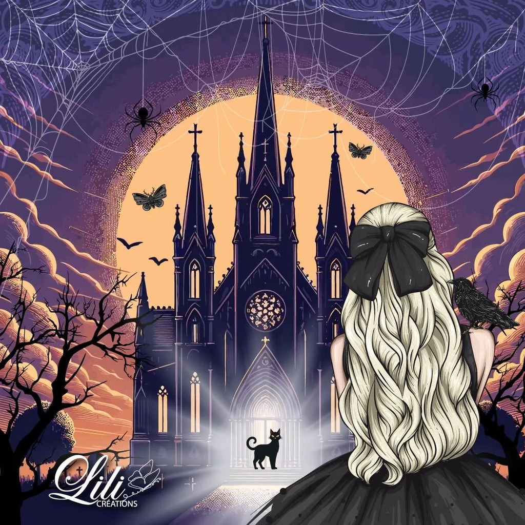 Affiche Cathédrale gothique et mystère - Illustration sombre et élégante (20x20 cm)