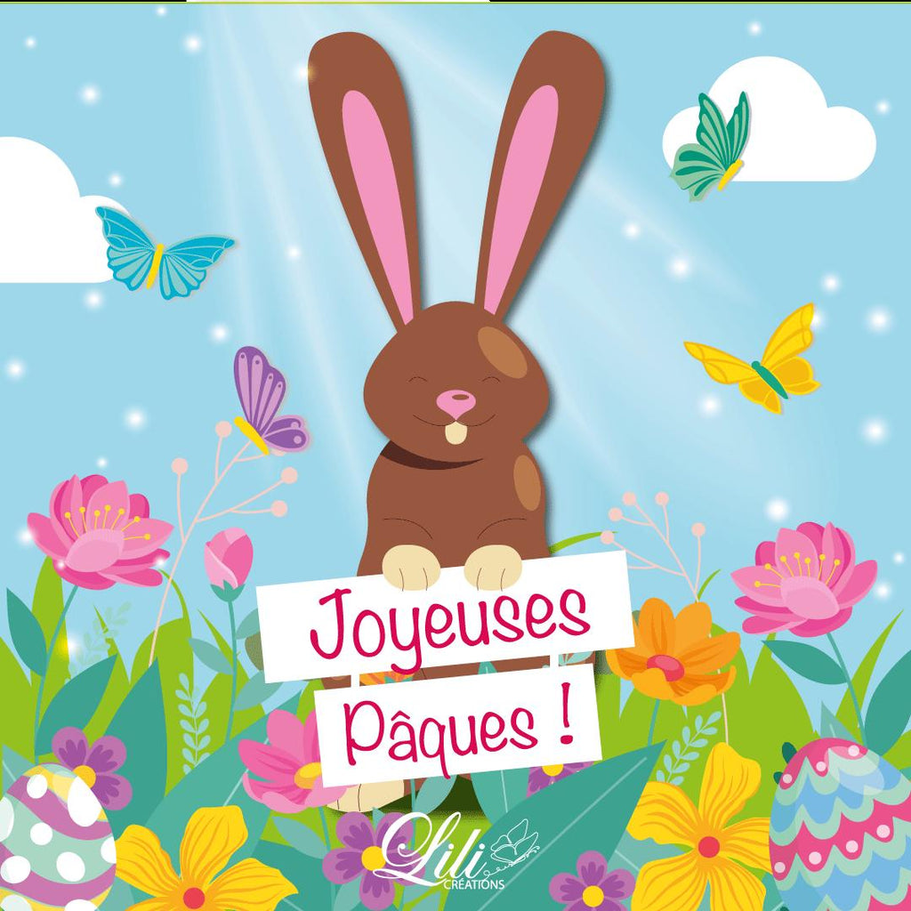 Affiche Joyeuses Pâques - Illustration printanière et festive avec lapin (20x20 cm)