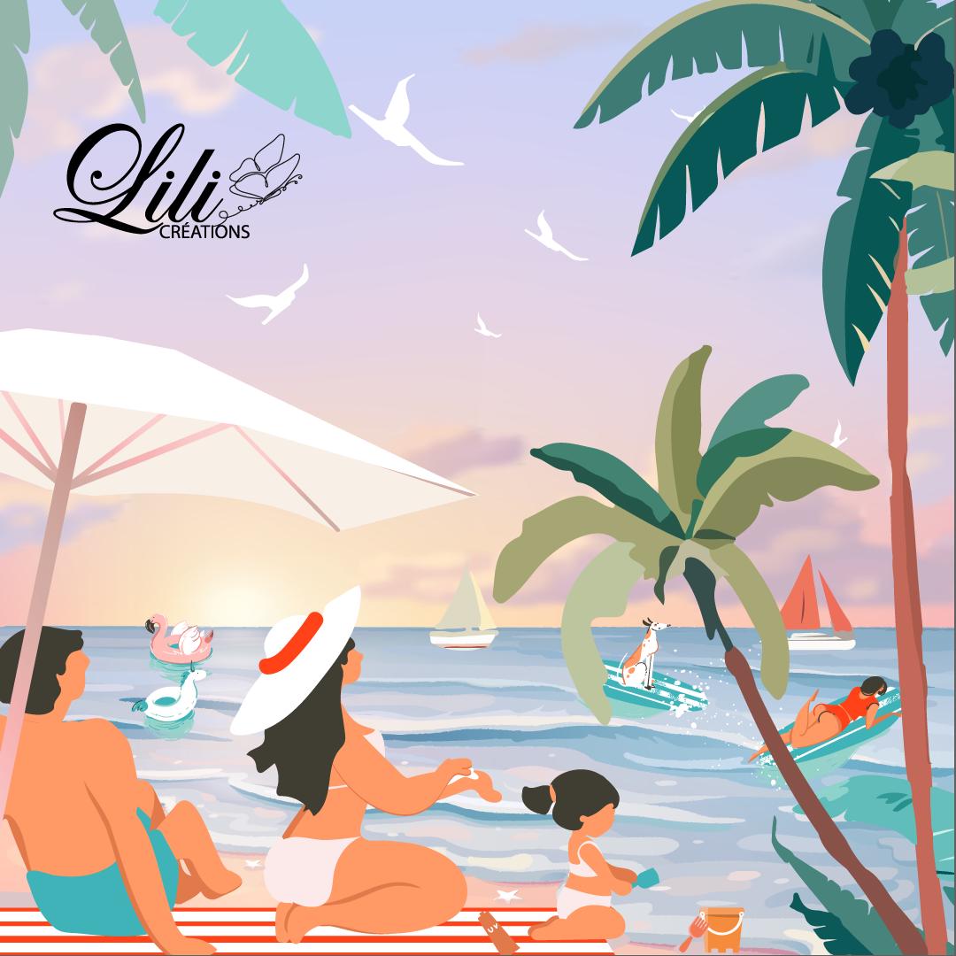 Affiche Un été en famille - Illustration estivale bord de mer (20x20 cm)