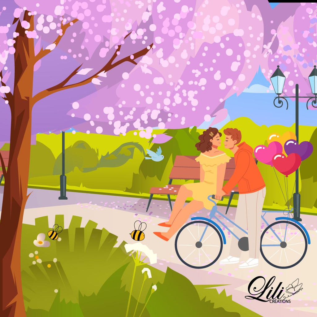Affiche Baiser sous les cerisiers - Illustration romantique de printemps (20x20 cm)