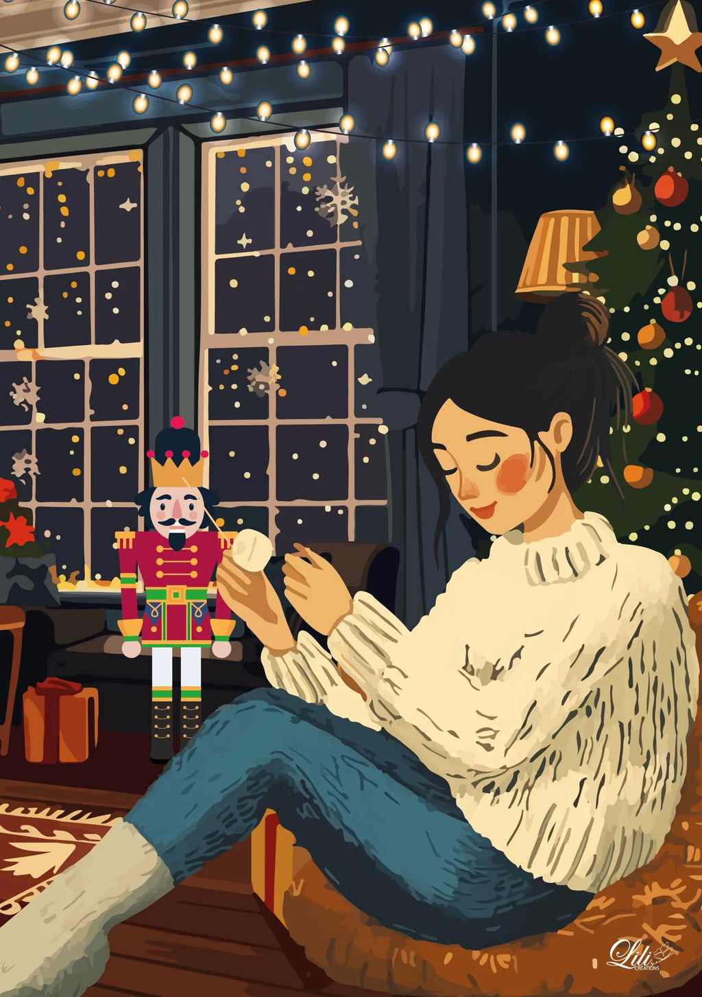 Affiche Sous les lumières de Noël - Illustration hivernale douce et lumineuse (A5 / A4)