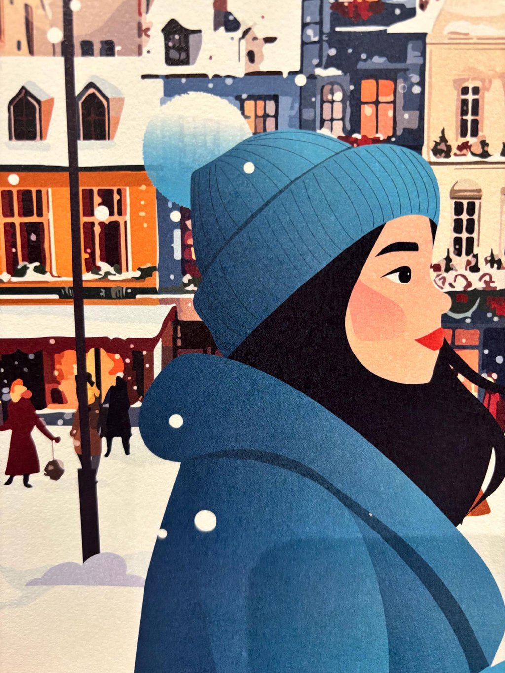 Affiche Flânerie d'hiver - Illustration hivernale urbaine - Femme et boisson chaude - Décoration cosy (A5 / A4)