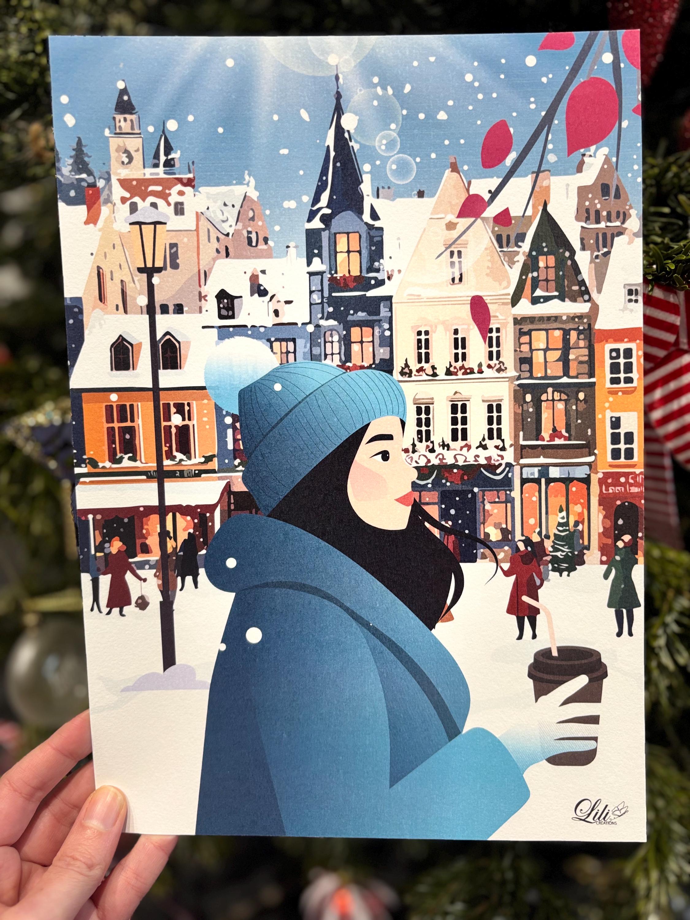 Affiche Flânerie d'hiver - Illustration hivernale urbaine - Femme et boisson chaude - Décoration cosy (A5 / A4)