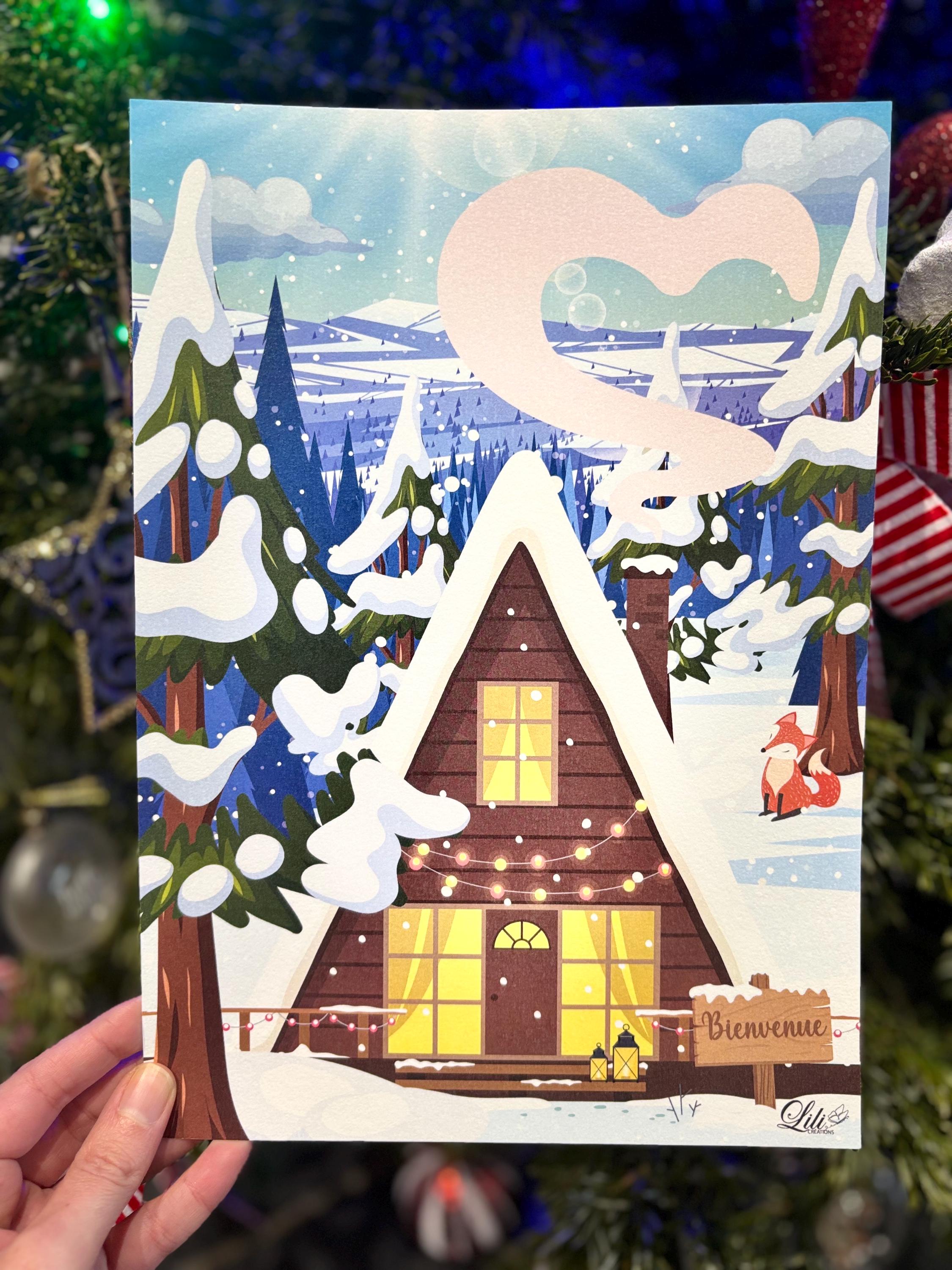 Affiche Hiver douillet - Illustration Cosy - Chalet sous la neige - Décoration murale hiver (A5 / A4)