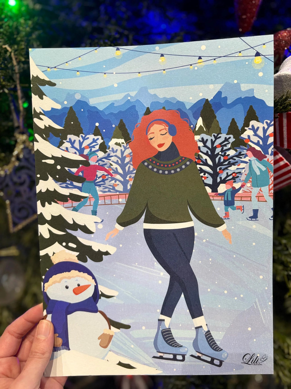 Affiche Sérénité givrée - Illustration hivernale douce - Patinage sur glace - Décoration murale hiver (A5 / A4)