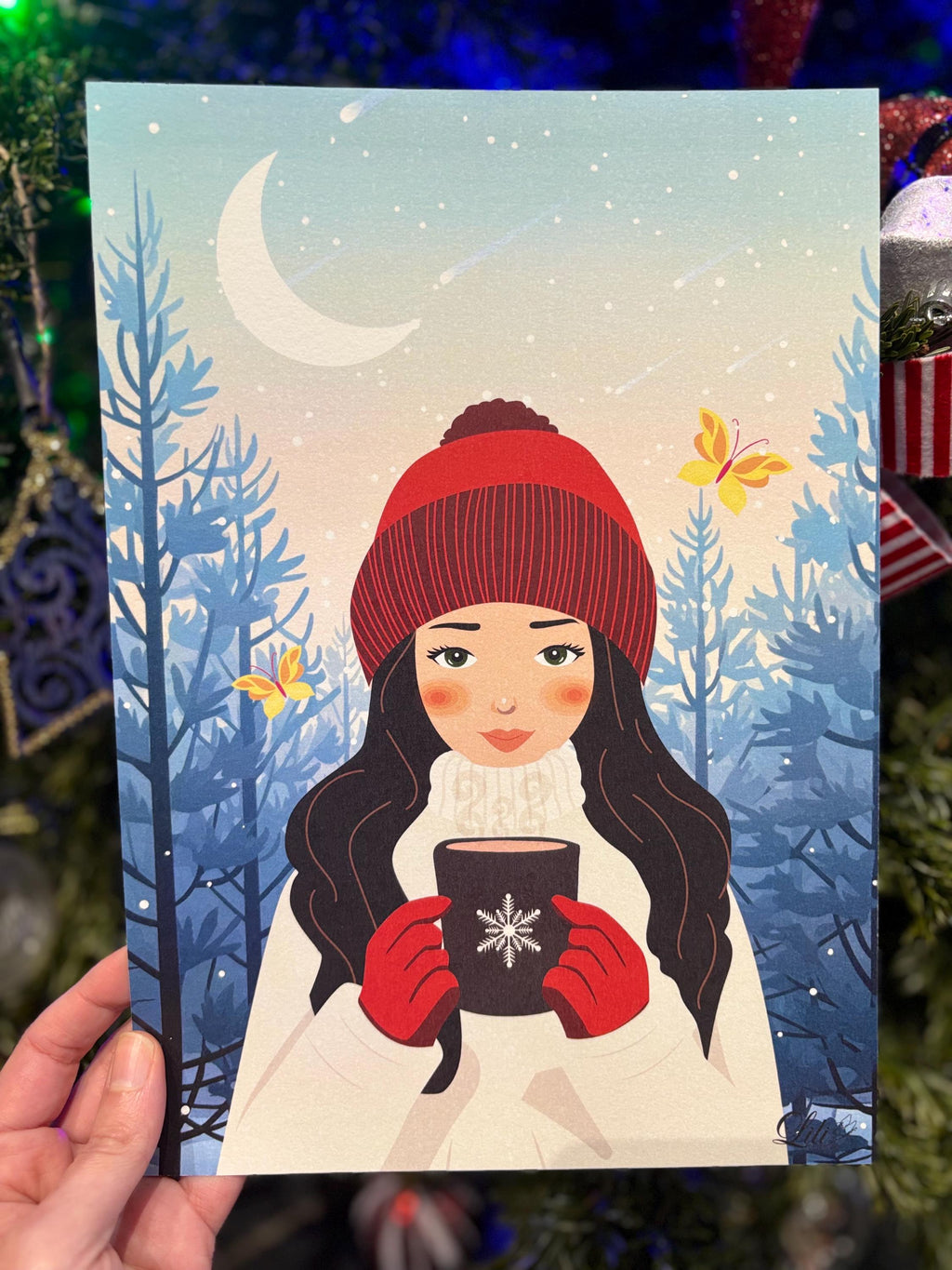 Affiche Pause au clair de lune - Illustration hivernale poétique - Femme et boisson chaude - Décoration douce (A5 / A4)
