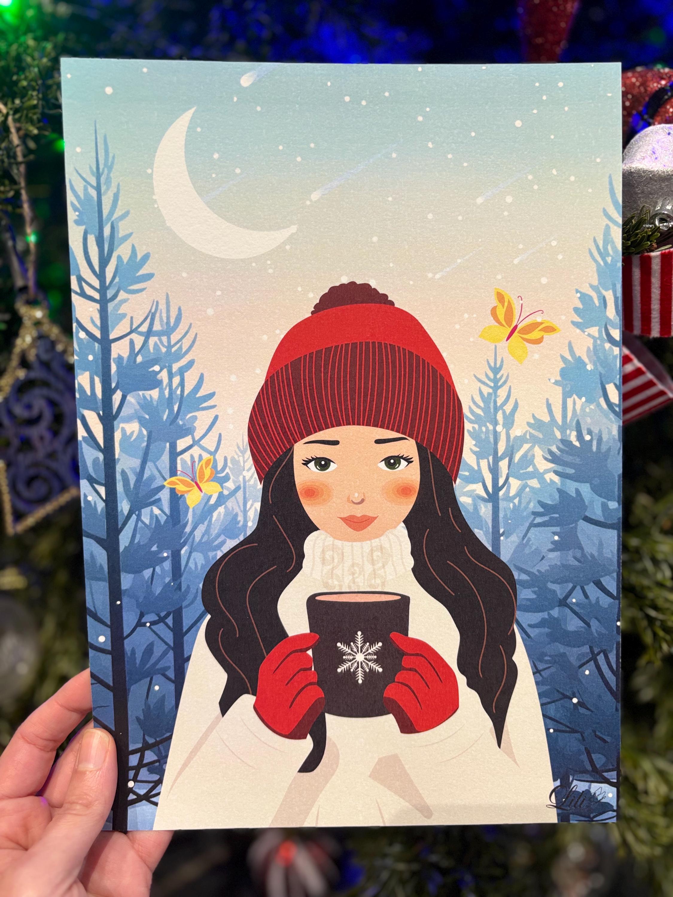 Affiche Pause au clair de lune - Illustration hivernale poétique - Femme et boisson chaude - Décoration douce (A5 / A4)
